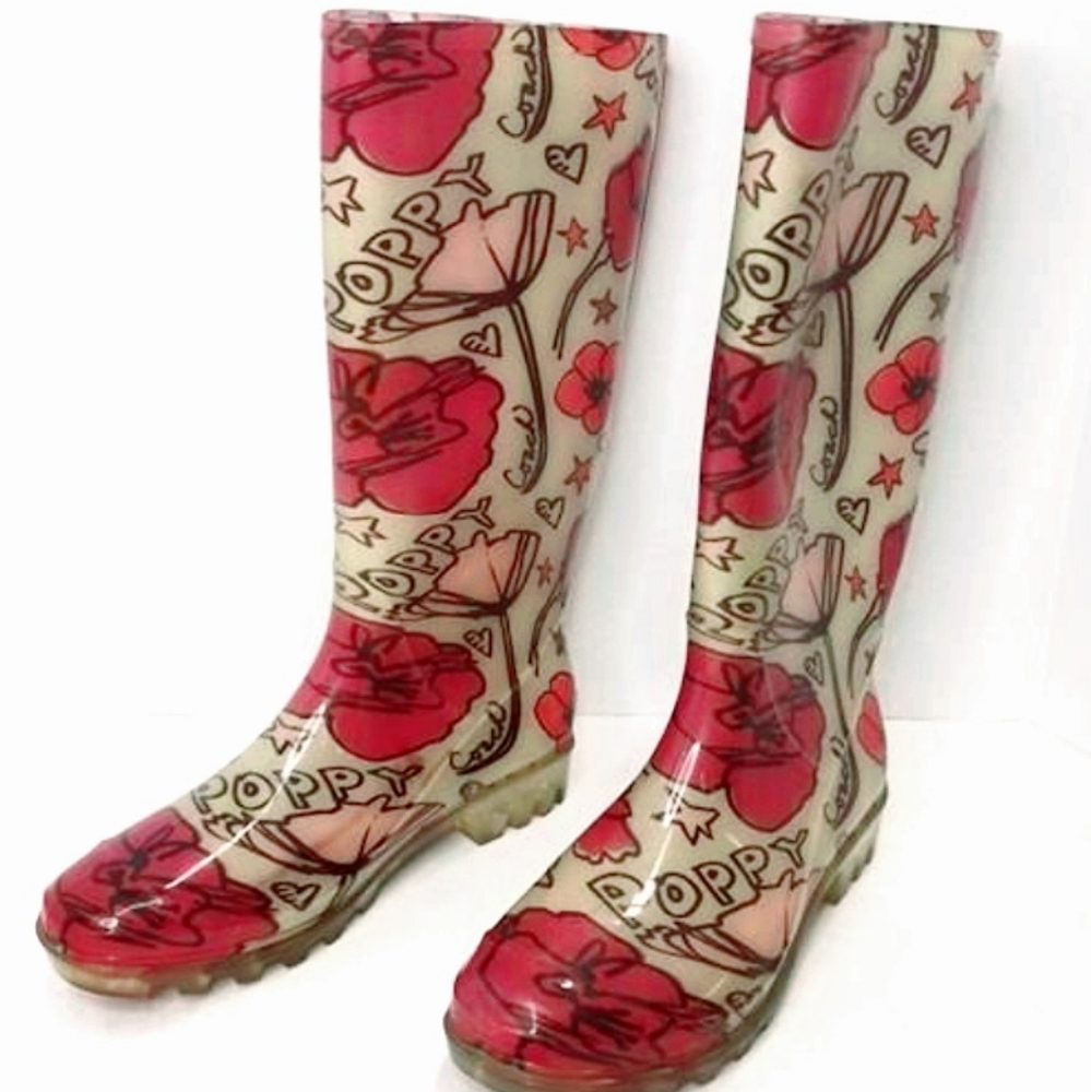 COACH Poppy Pink Floral Graphic Clear Rainboots